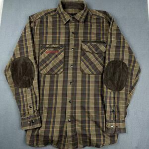 Shooterking Shooting Flannel Shirt Mens L Green Plaid Elbow Patch Brown Suede